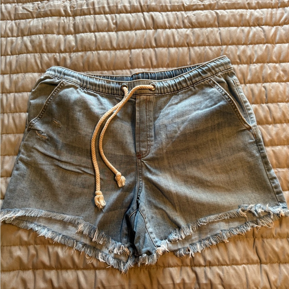 aerie Light Blue Frayed Hem Drawstring Jean Shorts